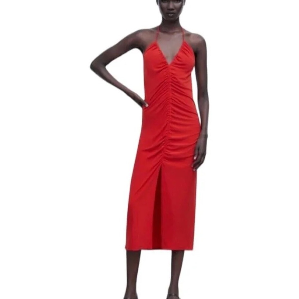 Zara red velvet neck ruched front v neck dress